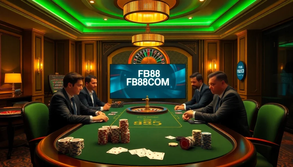 Engaging poker players at a luxurious casino scene promoting FB88 COM, showcasing excitement and professionalism.