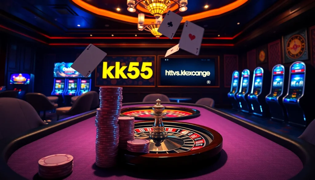 Engaging gamblers with action at https://kk55.exchange/ featuring a dynamic casino environment with poker tables and roulette.