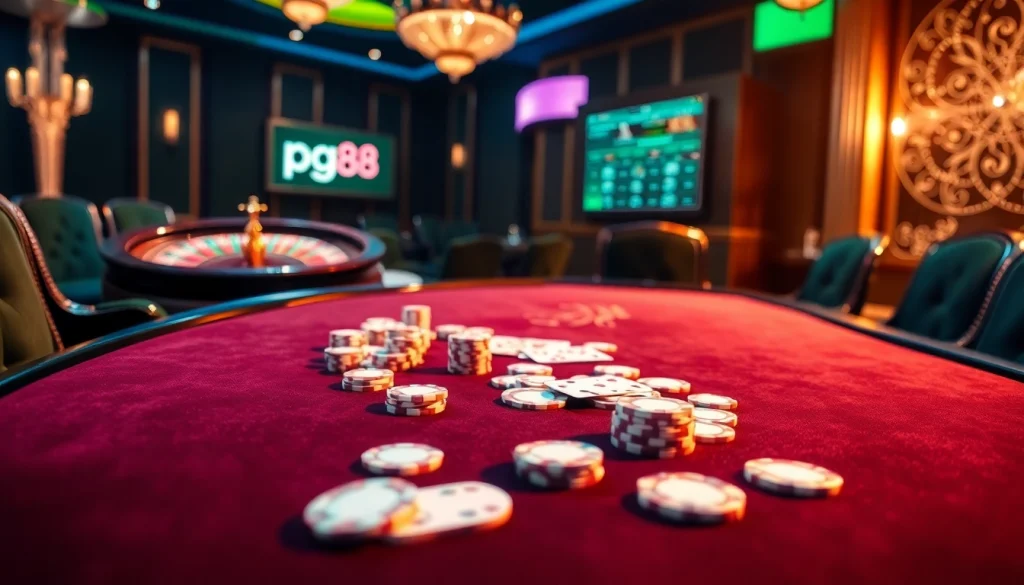 Engaging poker game at pg88 casino, featuring chips, cards, and a roulette wheel.