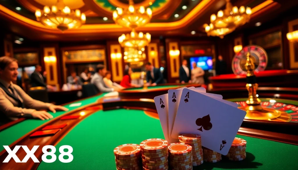 Players enjoying a high-stakes game at XX88's elegant casino table.