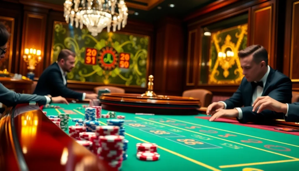 A bustling casino scene featuring high-stakes blackjack with players engaged at dn 888's elegant table and vibrant poker chips.