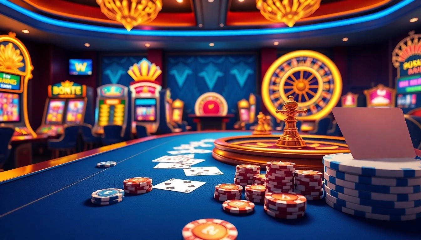 Enjoy thrilling gameplay at https://33win5.it.com/ featuring vibrant casino tables, poker chips, and illuminated slot machines.