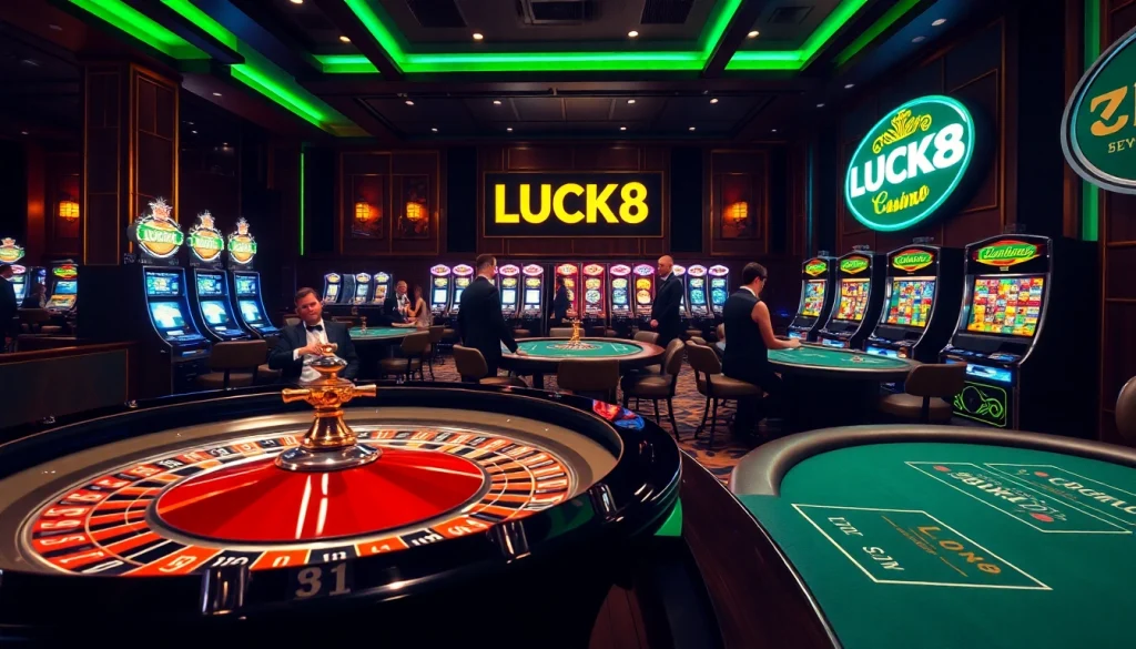 Experience the thrill of LUCK8 at a luxurious casino with poker tables and roulette wheels in action.