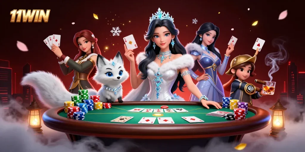 Engage at 11WIN with poker chips, cards, and vibrant casino elements in this dynamic illustration.