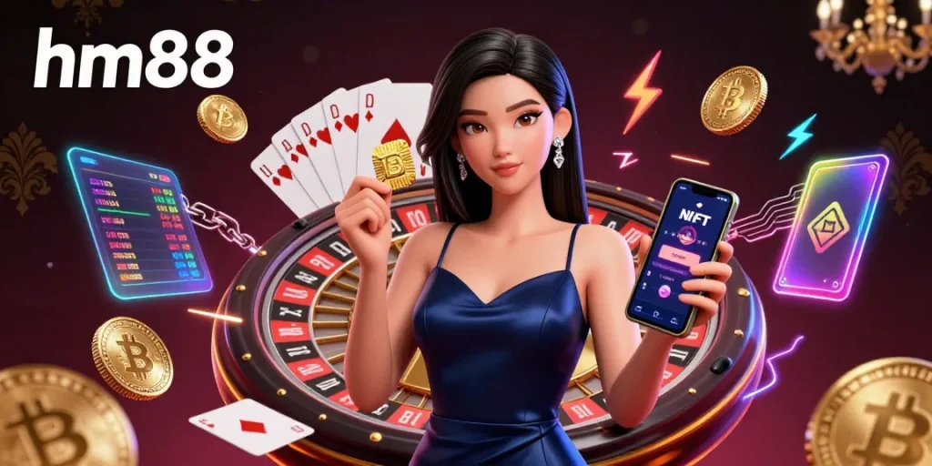 Experience thrilling gaming at hm88 casino featuring a confident Asian woman with a smartphone and roulette wheel.