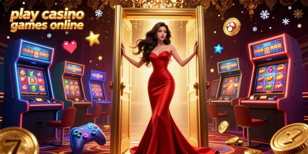 Play casino games online in a vibrant 3D casino setting with slot elements and a captivating character.