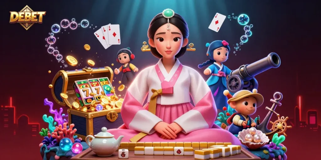 Engage with DEBET to explore exciting slots and stunning gaming elements in this vibrant illustration.