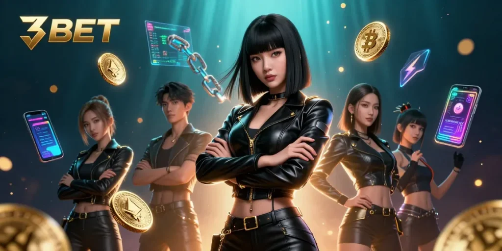 Engage with the thrilling world of 3BET as Bitcoin coins and crypto designs surround a powerful woman.