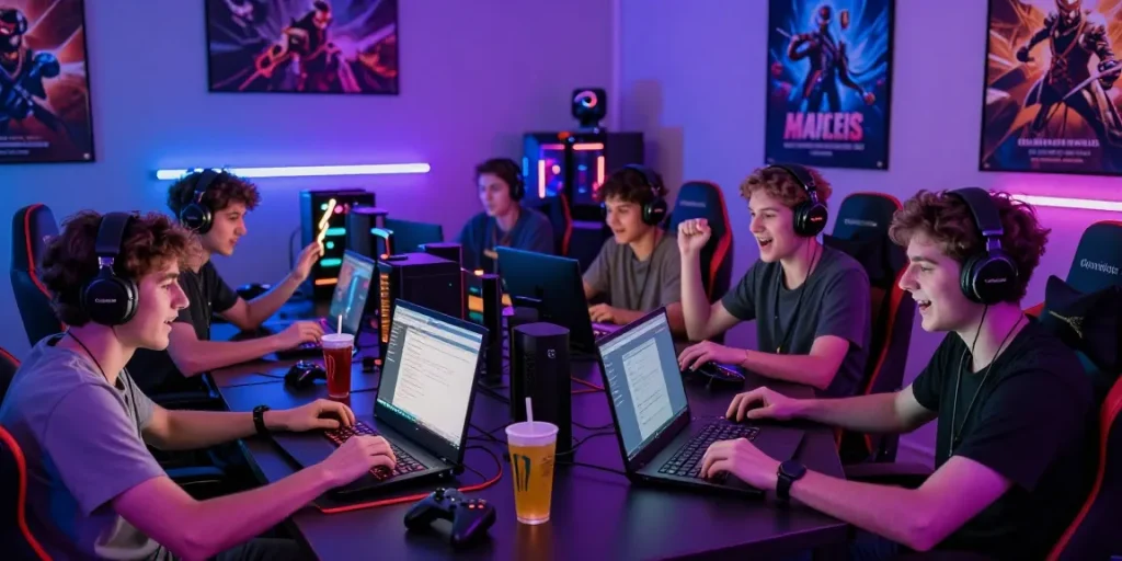 Friends enjoying online gaming at https://gamebaidoithuong.is/ with laptops, headsets, and vibrant lighting, capturing excitement.