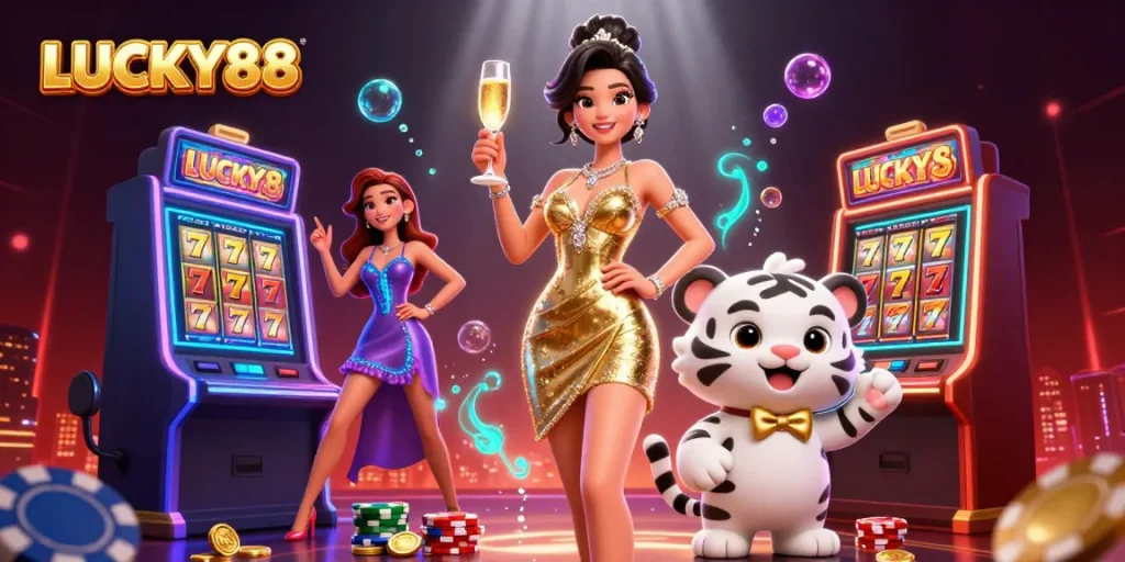 Experience the excitement of LUCKY88 with a glamorous woman and lucky tiger in a vibrant casino scene.