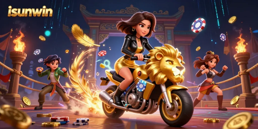 Cash in with isunwin as a glamorous Asian woman rides a golden lion mascot, celebrating winnings.