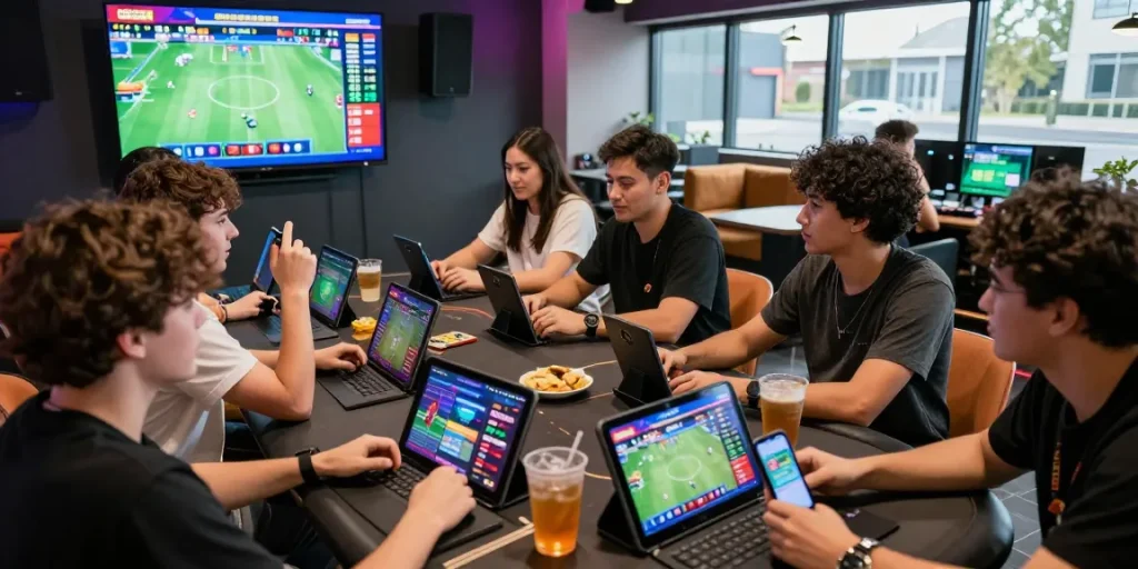 Exciting online gaming experience at OPEN88, where players engage in betting activities in a vibrant lounge atmosphere.