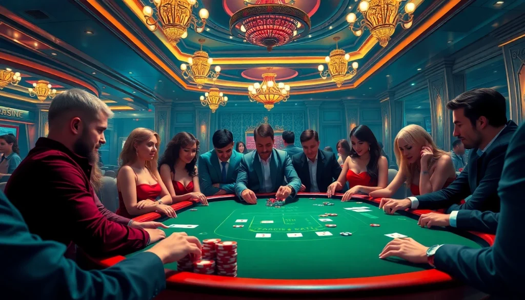 Permainan poker yang mendebarkan dengan xgslot88 dan pemain yang terlibat dalam suasana casino yang mewah.