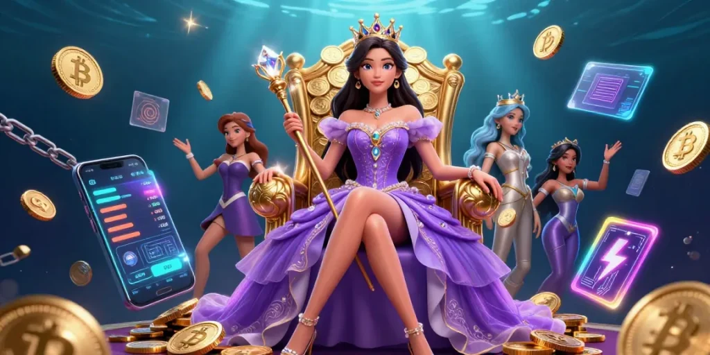 Bengalwin captivating online casino scene with a regal Asian princess holding a diamond-topped scepter amidst vibrant gaming elements.