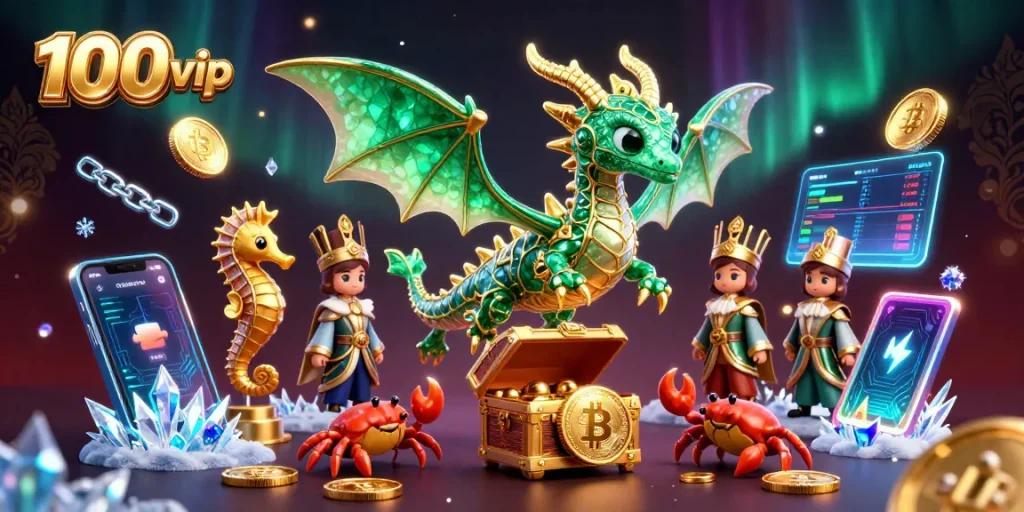 Win big with 100vip's exciting treasure chest supported by a royal seahorse formation.