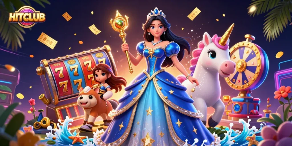 Play thrilling games at HITCLUB with vibrant slot reels, golden tickets, and enchanting characters.