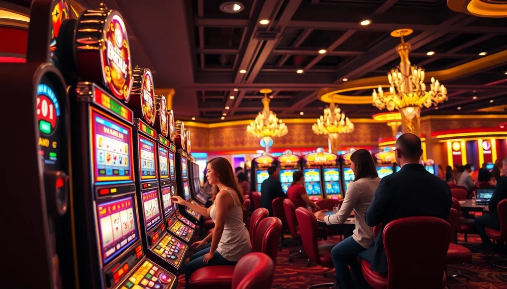 Memenangkan permainan kasino bbni4d dengan pemain yang bersemangat dan mesin slot berkilau.