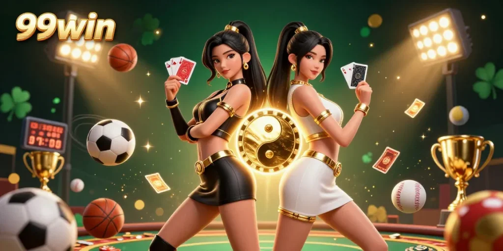 Engage with 99win's vibrant casino ambiance featuring twin Asian women, one with red and the other with black cards, amidst dynamic sports elements.