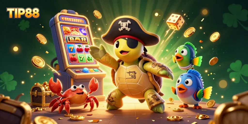 Engage with TIP88’s vibrant 3D slot scene featuring treasures and animated game elements.