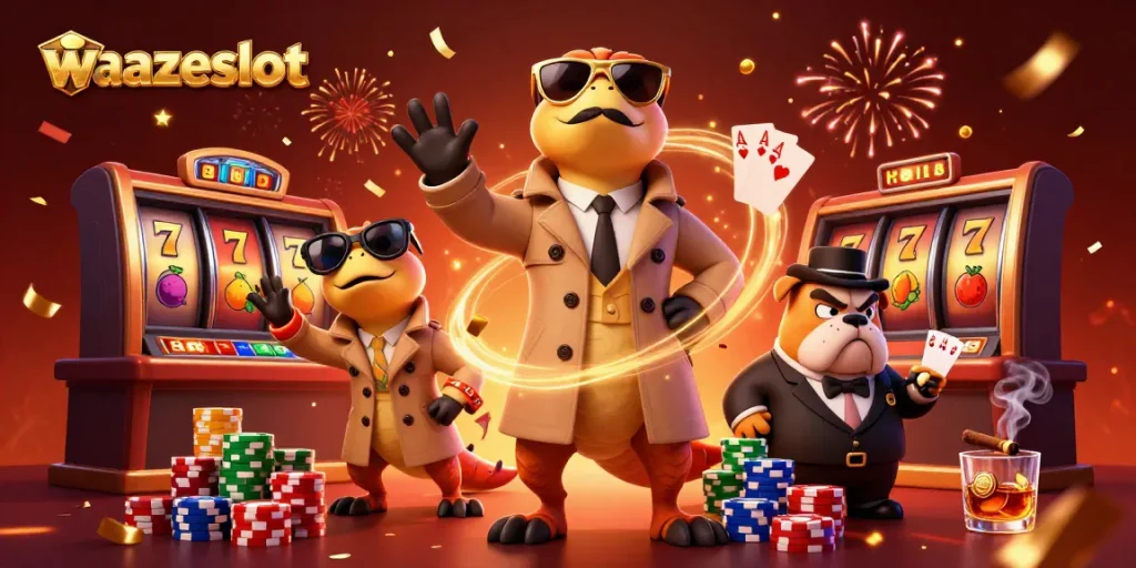 Play thrilling slots on wazeslot, featuring exciting characters and vibrant gaming elements.