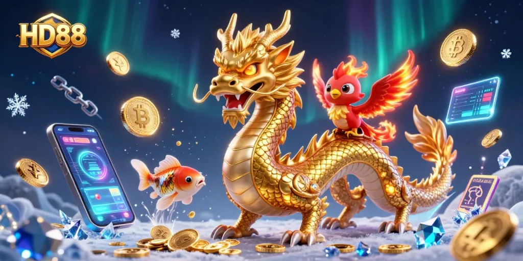 Engage with HD88 at a vibrant casino, featuring a golden dragon, phoenix, and koi fish amidst digital coins.