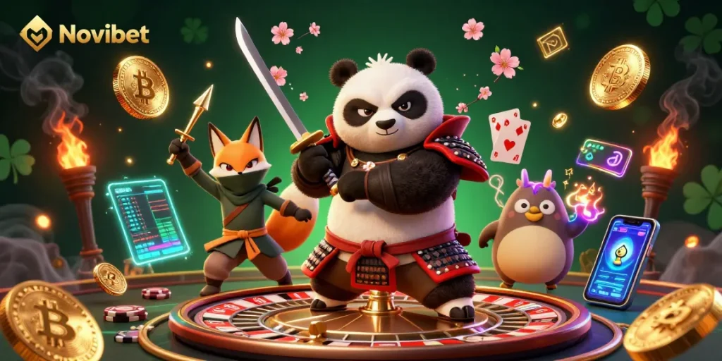Experience thrilling gameplay at Novibet with dynamic characters and vibrant casino elements.