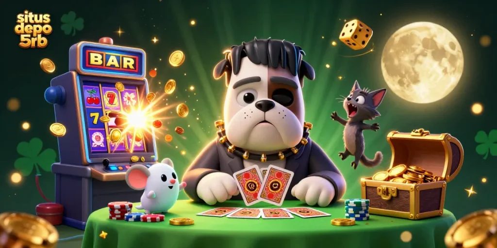 Win big at situs depo 5rb with a lively casino illustration featuring dynamic characters and exciting game elements.