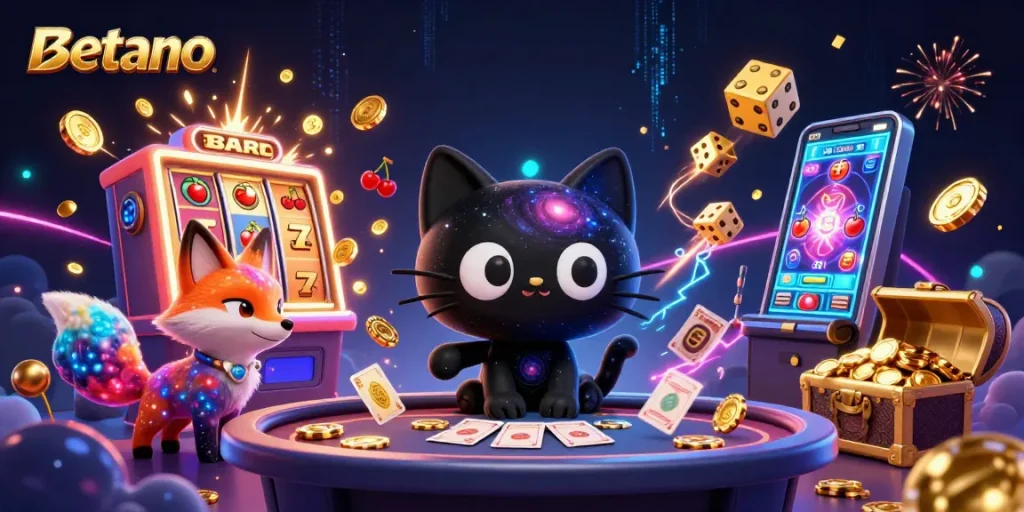Betano's immersive casino scene featuring a cartoon black hole cat and colorful nebula fox captivating players with golden chips and cards.