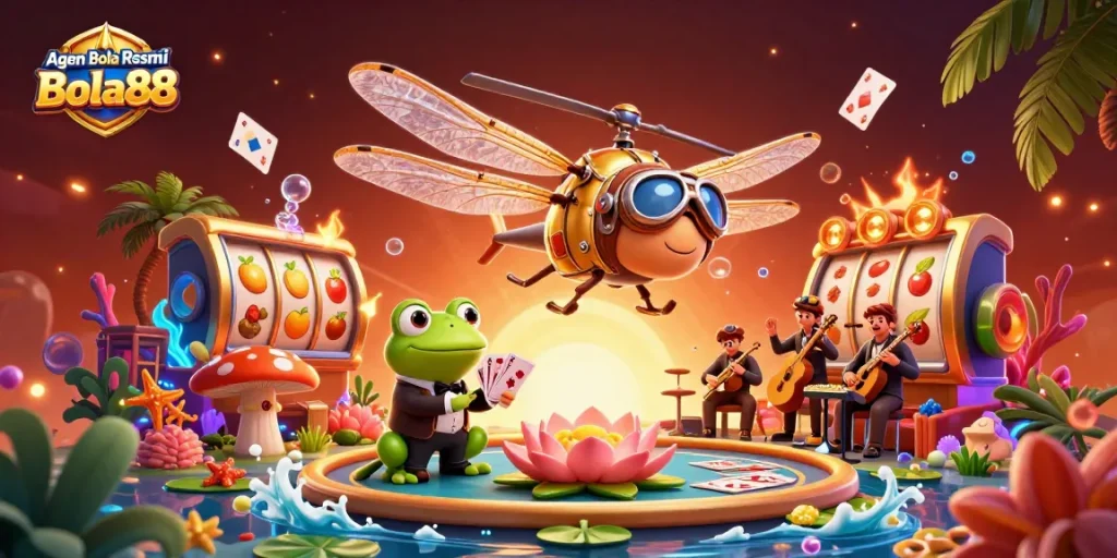 Agen Bola Resmi Bola88 offers dynamic gameplay with engaging characters in a vibrant casino scene.