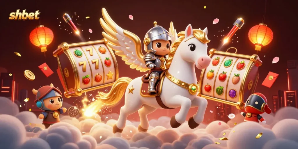 Experience thrilling gameplay with shbet as the armored knight rides a celestial horse amidst vibrant slot game elements.