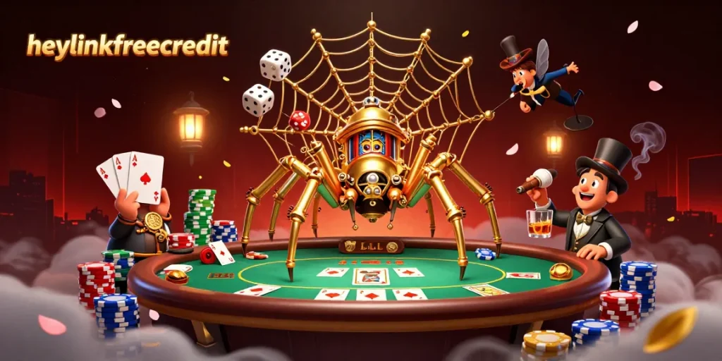 Catch the excitement of heylinkfreecredit in this vibrant steampunk casino scene filled with poker elements.