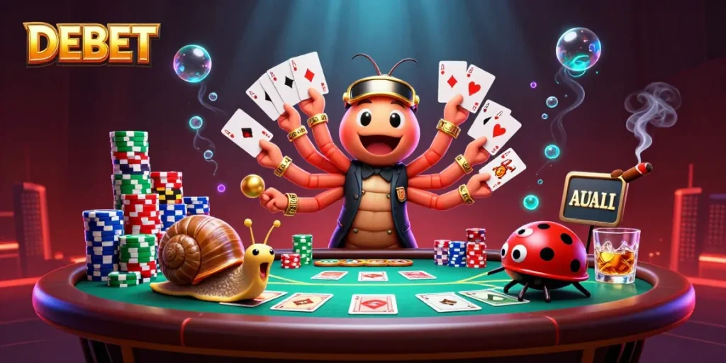 Engage with DEBET at a vibrant poker table featuring a millipede dealer and thrilling gameplay.