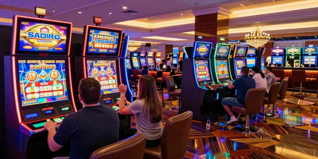 Engaged players enjoying bonus buy slots UK in a vibrant casino with colorful lights.