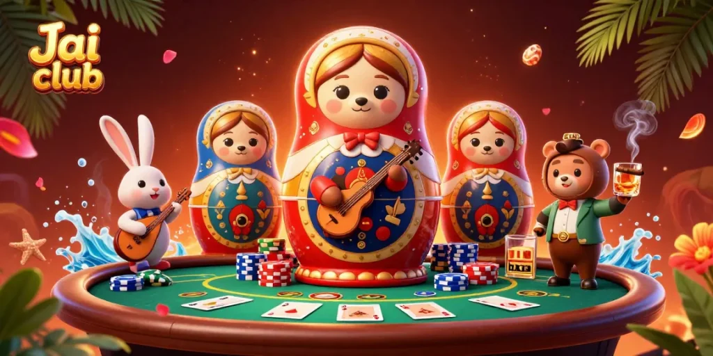 Play exciting games at Jai club with a vibrant casino scene featuring unique characters and action-packed elements.