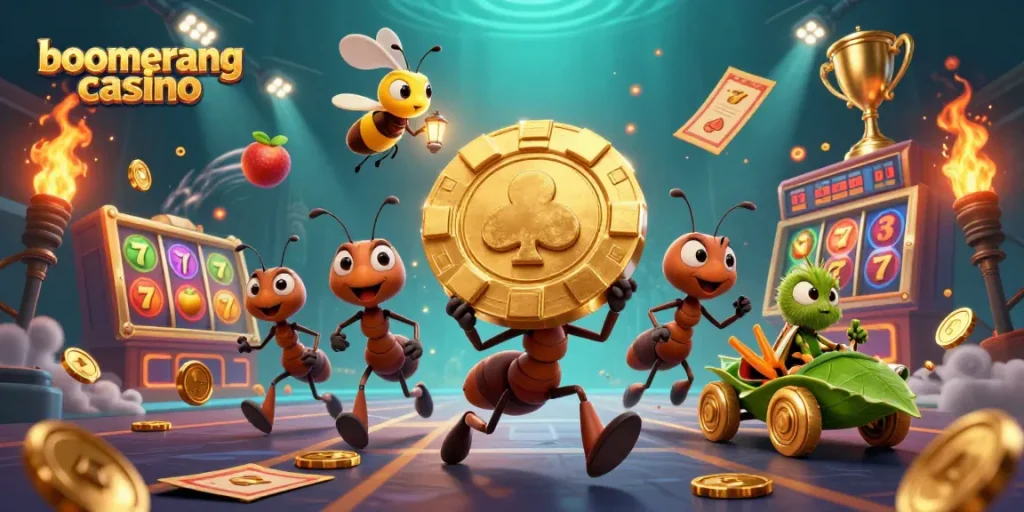 Uživajte v igrah Boomerang Casino s slot reži in zlatimi kovanci ter zabavnimi karakterji.