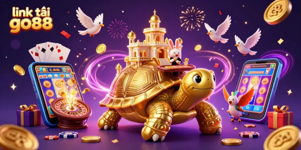 Experience the thrill of "link tải go88" with a vibrant 3D casino illustration featuring a golden tortoise and a rabbit dealer.