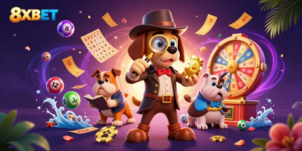 Experience 8XBET's exciting gaming world with a detective hunting for treasure amid vibrant casino elements.