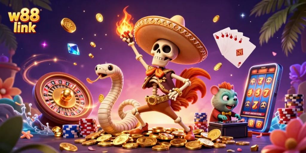 Experience exhilarating wins with w88 link showcasing vibrant casino-themed excitement in this lively illustration.