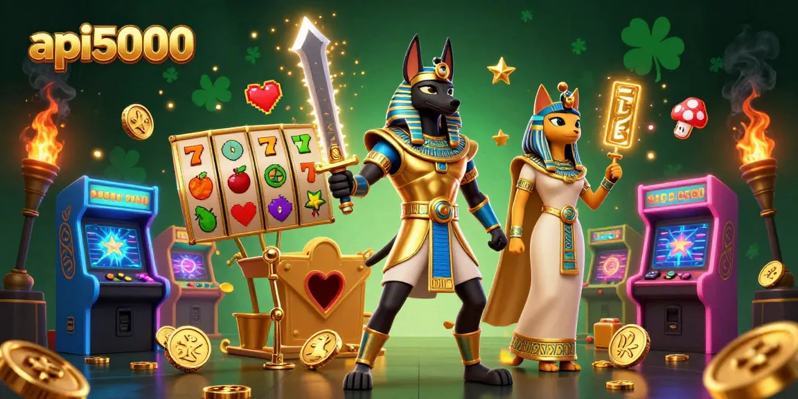 Api5000 menampilkan Anubis dan Bastet dalam suasana kasino yang meriah dan penuh kekayaan.