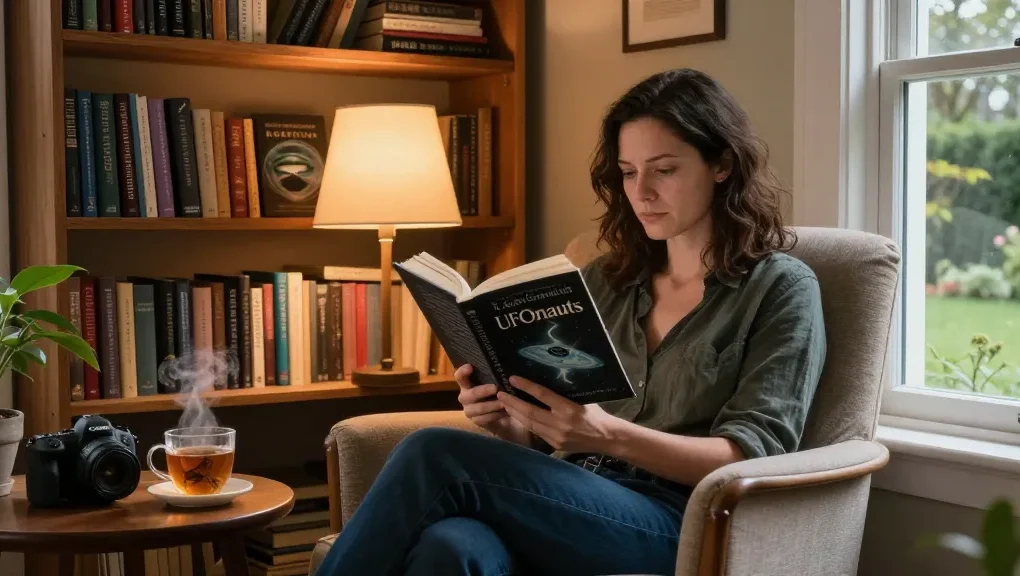 Read T. Allen Greenfield's 'UFOnauts' at https://tallengreenfield.com in a cozy reading nook filled with spirituality themes.